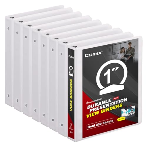 COMIX Sturdy 3 Ring Binder 1 inch with Clear View Cover, 1" Round Ring View Binder, PVC-Free, 200 Sheets Capacity of US Letter Size Paper, Office £¦ School Supplies, 8 Pack (White)