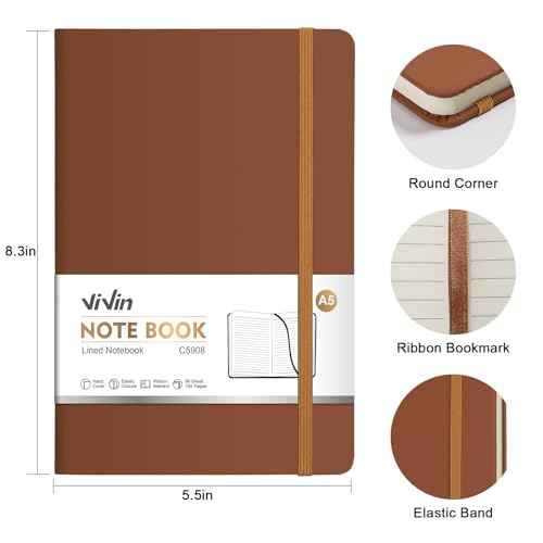 ViVin Lined Journal Notebooks, 3 Pack, (Black, Navy, Brown), 192 Pages, Medium 5.5 x 8.3 inch, College Ruled, A5 Hardcover Notebooks, Journaling Notebooks for Work, Writing, School