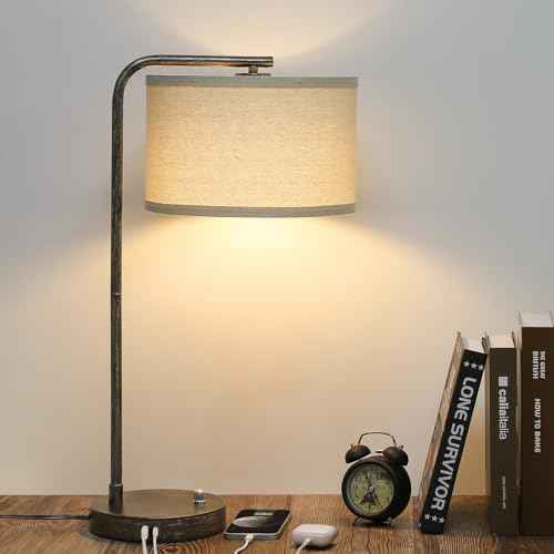 Bedside Table Lamp with USB C+A Charging Ports, Fully Dimmable Industrial Tall Nightstand Reading Desk Lamp for Bedroom, Living Room, Office, 9W LED Bulb Included