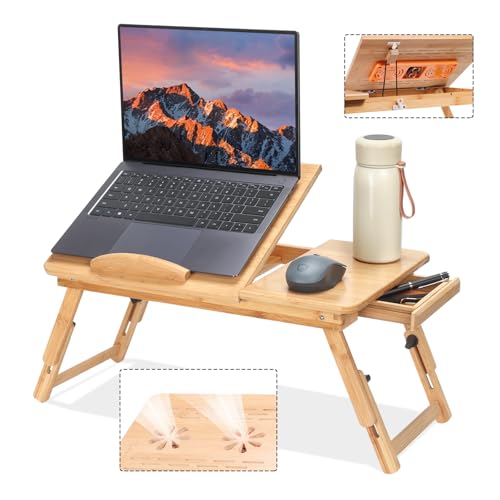 Adjustable Bamboo Laptop Desk with Cooling Fan, Foldable Bed Tray for Work & Dining