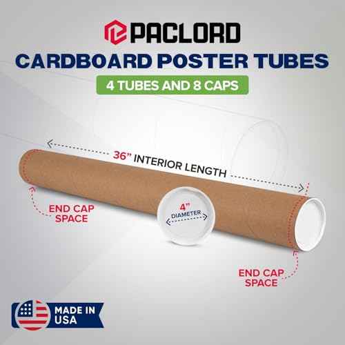 4" x 36" Reinforced Kraft Paper Mailing Tubes, Pack of 4 Tubes with 2 Caps Each ? USPS Approved Poster Tube ? Made in USA Cardboard Tube for Shipping and Storing Posters, Prints, Artwork, or Documents