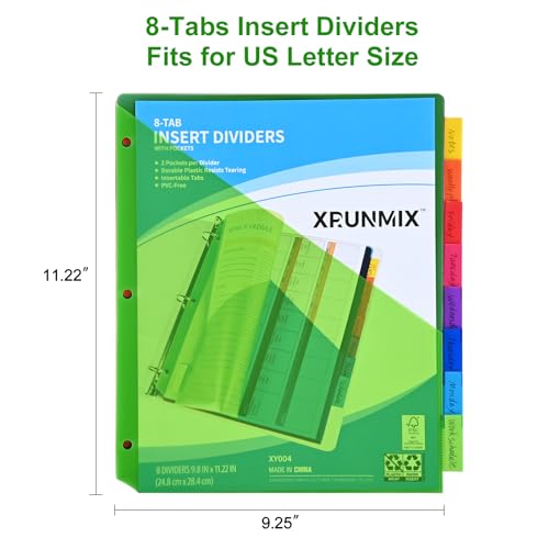 XRUNMIX 2 Packs 8-Tab Binder Dividers with Pockets for 3-Ring Binders, Multicolor, US Letter Size, 0.5''-3''