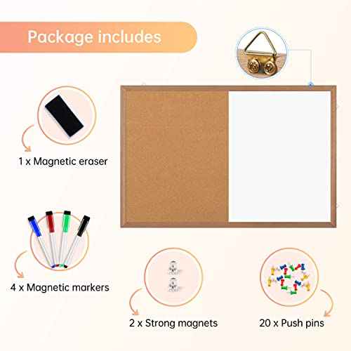 Combination Magnetic Whiteboard Cork Bulletin Board, 24" X 18¡° Combo Dry Erase White Board Cork Pin Board for Wall with Natural Wood Frame¡¦