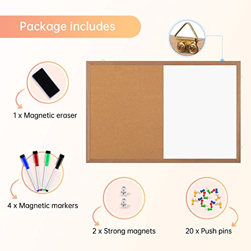 Miou 36x24 Inch Combination Magnetic Whiteboard Cork Bulletin Board - Wall Mount Combo with Natural Wood Frame