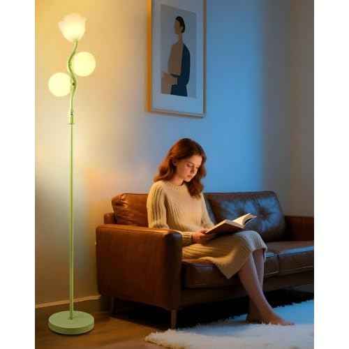Lightdot Dimmable Green Floor Lamp, Mid Century Standing Lamps with 1 Flower & 2Globe Lampshades & 3PCS Warm White 3000K Bulbs Included, Modern Tall Lamp for Living Room
