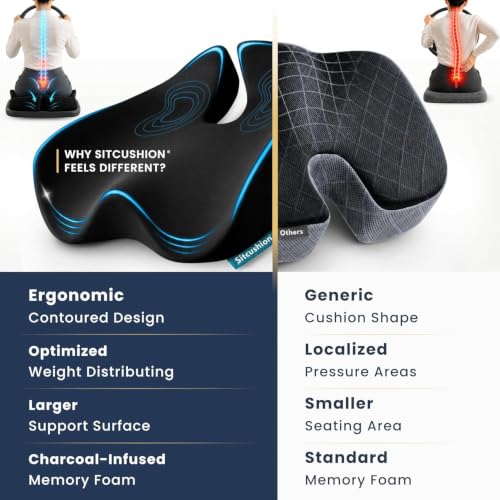 SitCushion Black Car Seat Cushion for Driving – Tailbone & Sciatica Pain Relief, Memory Foam