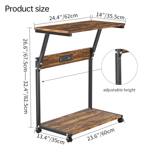 FANXIYQ Rustic Brown 2-Tier Computer Tower Stand with Built-In Charging Station (Wood Grain)