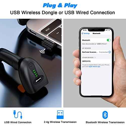 Bluetooth Wireless Barcode Scanner with Stand,Alacrity 3-in-1(Bluetooth & 2.4GHz Wireless & USB Wired) Bar Code Reader,1800mA*H Rechargeable Battery,Automatic Scanning,328Ft Range,16MB Storage Space