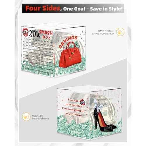 20k Smash Box for Money, Large Piggy Bank for Adults 20000 Savings Challenge Box, Money Saving Box for Cash, Big Unbreakable Clear Acrylic Money Saver Must Break to Open