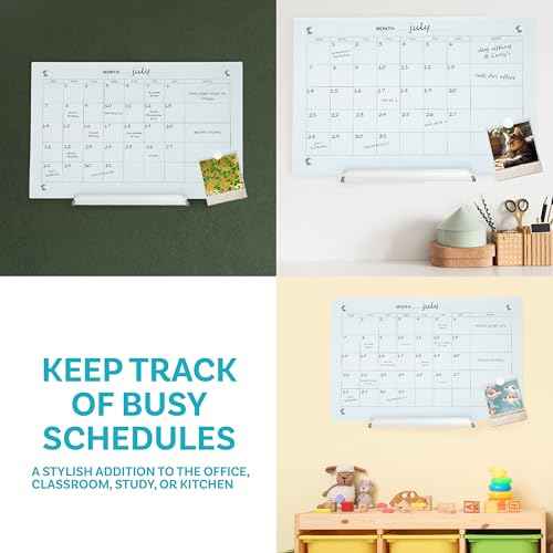 Sunnydaze Glass Calendar Dry Erase Board for Wall with Markers - Glass Magnetic Whiteboard for Home or Office - 23" W x 17" H - White