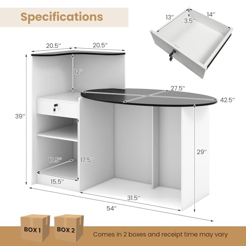 GOFLAME Black + White Reception Desk with Lockable Drawer, Adjustable Shelf, Oval Top