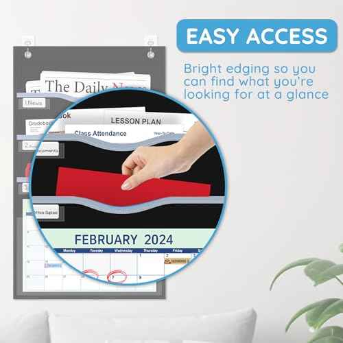 4 Pockets Hanging Wall File Organizer 15" Extra Wide Pocket Chart for Classroom, Office, Home, Mail Organizer Wall Mounted with 1 Writable Clear Pocket, 5 Wall/Door Hooks & 12 Labels (Black)