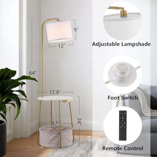 Floor Lamp with Cat Bed and Charging Station, Adjustable Lampshade, 3 Color Temperatures, Remote & Foot Switch Control, Standing Lamp with USB & AC Outlets for Living Room Bedroom, Gold