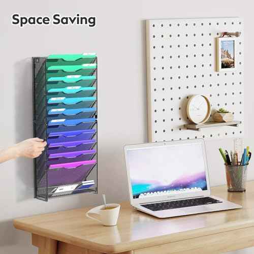 samstar 12 Tier Wall File Organizer, Hanging Wall Mount File Holder Paper Folder Mail Organizer, Mesh Metal, Black.