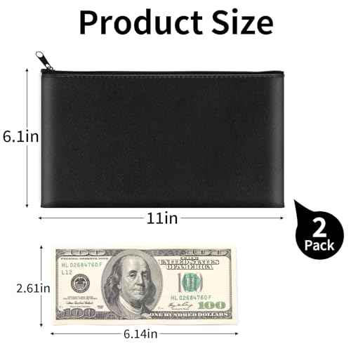 2 Pack Money Bags with Zipper, 11x6.1 Inch PU Leather Cash Pouch, Secure Bank Bag for Coins, Bills, Checks, Invoices, Cosmetics, Tools (Black)