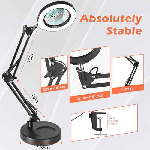 10X Magnifying Glass with Light and Stand, Real Glass Lens Magnifying Desk Lamp, Lighted Magnifier with Light Stepless Dimming Hands Free for Craft, Reading, Painting, Sewing, Solder