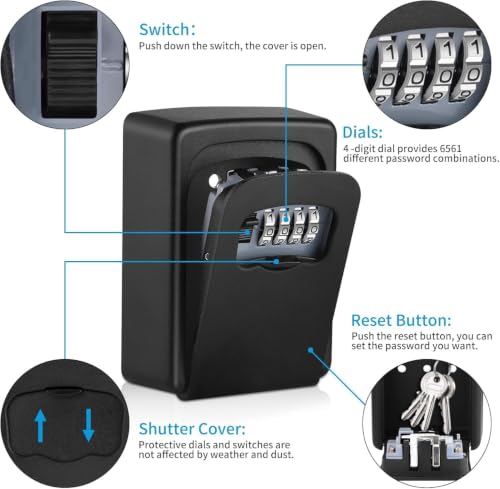 AMMIY Black Key Lock Box for Outside • 5-Key Capacity, Waterproof Outdoor Lockbox with Resettable Code