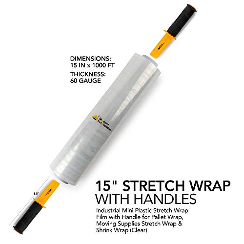 1 Pack Heavy Duty Clear Stretch Wrap Roll 15 Inch x 1000 Feet with Handles - Moving & Packing Supplies