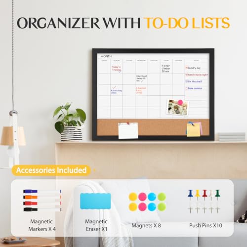 Dry Erase Calendar Whiteboard for Wall, WALGLASS 36" X 24" Cork Monthly Calendar White Board Combo with Aesthetic Wood Framed, Hanging Wall Mounted Large Bulletin Board for Home, School, Office
