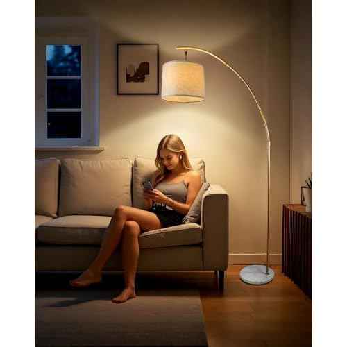 Lightdot Arc Floor Lamps for Living Room, Modern Standing Lamp with Hanging Drum Shade, Tall Standing Floor Lamp with Foot Switch, Over Couch Arched Reading Light for Bedroom, Office (Gold)