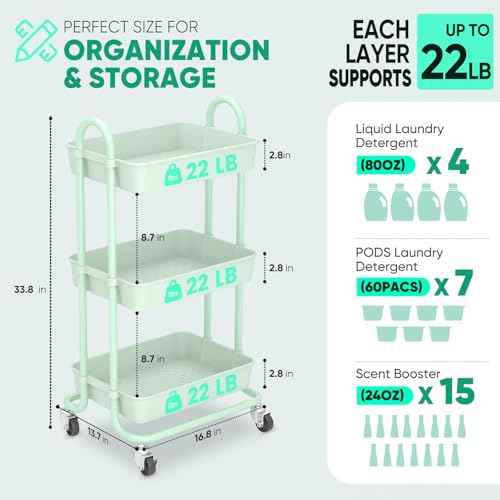 Sekey 3 Tier Rolling Cart Plastic, Easy Install Utility Cart on Wheels, Heavy Duty Storage Cart with Lockable Wheels for Baby Nursery, Bathroom, Kitchen, Laundry Room, Green