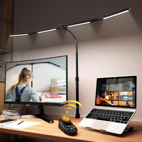 Black Adjustable LED Desk Lamp with Clamp & Remote - Wide 4-Head, Eye-Caring