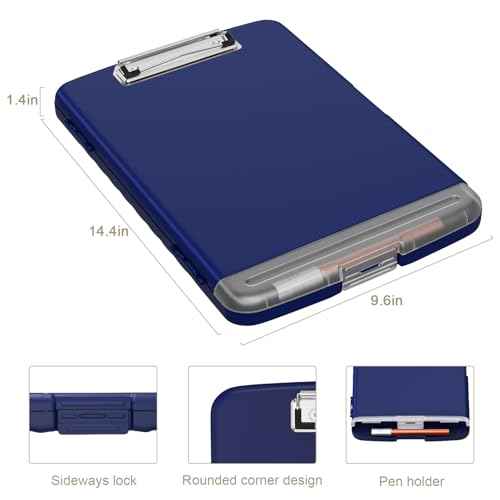 Piasoenc Clipboard with Storage, 8.5 x 11 Organization Box with Pen Holder and A4 Legal Paper Folder, Heavy Duty Plastic, Folio & Side-Opening, Low Profile Clip for Nurses, Teachers,Navy Blue