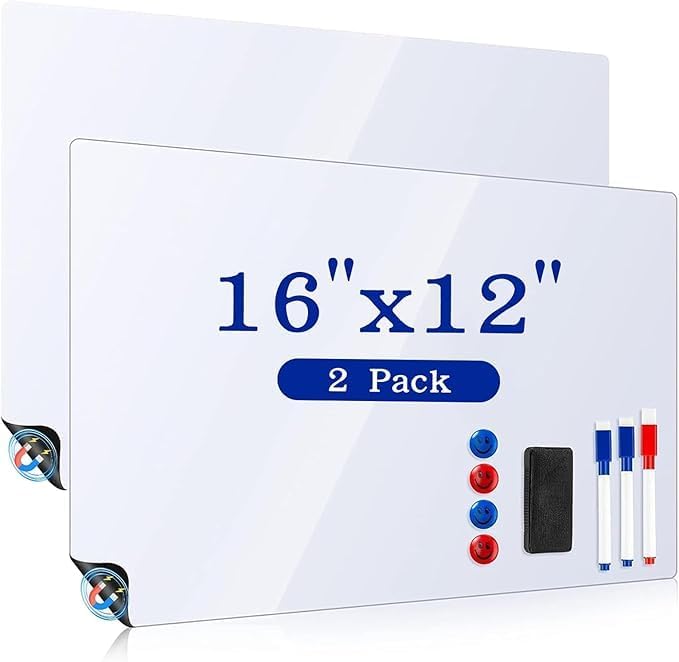Skiennix Magnetic Whiteboard - 2 Pack 16x12 Inch Dry Erase Boards with Markers & Eraser | Kitchen Planner & Grocery List Organizer