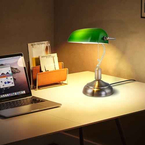 Green Glass Bankers Lamp, Glass Shade, Desk Lamp, Classic Retro Chrome Finish E26 Base Bulb Included, Vintage Desk Lamp Traditional Library Lamp for Office, Study Room