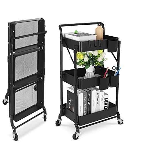 Foldable 3 Tier Metal Utility Rolling Cart, Folding Mobile Multi-Function Storage Trolley Organizer Cart for Home Library Office(Black)