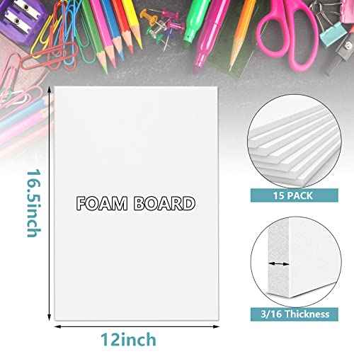 15 Pack White Foam Board for Projects, 12 x 16.5Inch Foam Core Baking Board Mat Board Center, 3/16Inch Thick Polystyrene Foam Sheet for School, Presentation, Signage & Art Crafting