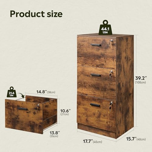 DevaiSe Rustic Brown 3-Drawer Wood File Cabinet – Vertical Holder for Letter & A4, Fits Home Office
