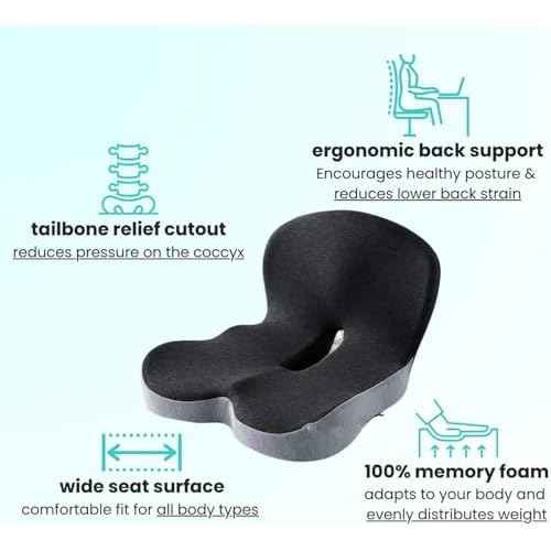 Back and Seat Cushion,Ergonomic Memory Foam L-Shaped Integrated Seat Cushions with Adjustable Strap,Ultra Breathable Non-Slip Design for Office Chair,Car,Wheelchair (Black)