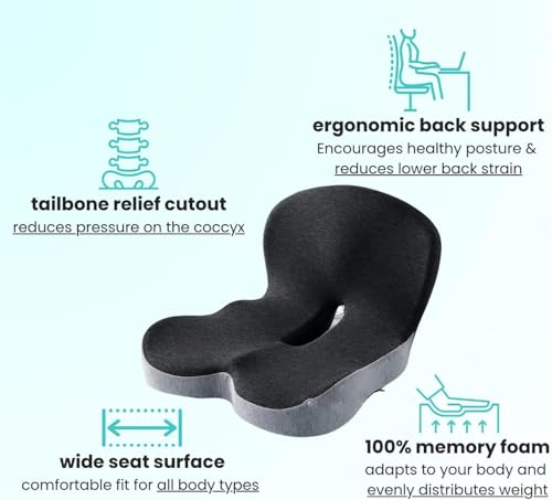 Kurbetts Memory Foam Orthopedic Seat Cushion with Adjustable Strap – Ergonomic L-Shaped Car, Office & Wheelchair