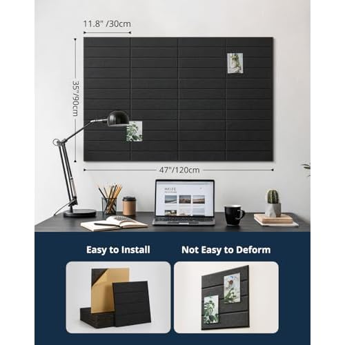 Large Cork Board, 12 Pack 12"X12"X0.4" Felt Bulletin Board Tiles with Self Adhesive for Wall Home Office Decor, Pin Cork Boards-Black