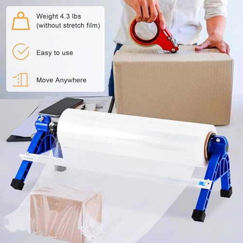 2 in 1 Stretch Film Wrap Dispenser with Slide Cutter, Manual Pallet Wrapper Machine Adjustable Tension, 19.69" Table Stretch Film Packing Machine