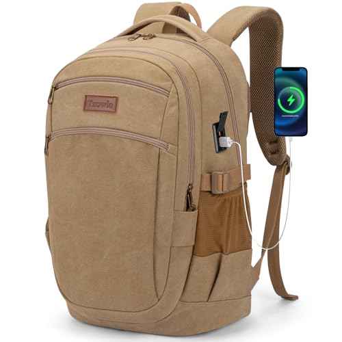 Tzowla Vintage Canvas Laptop Backpack for Men and Women,College Travel Work Rucksack with USB/Type-C Charging Port,Lightweight Bookbag Hiking Casual Daypack Backpacks Fit 15.6 Inch Notebook(Khaki)