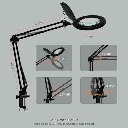 12W LED Magnifying Lamp with Clamp - 10 Brightness Levels, 6500K, 1200 Lumens | 5 Inch Lens (1.75x Magnification/3 Diopters) for Reading, Sewing, Nail Art & Crafting (Black)