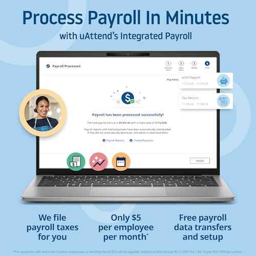 uAttend JR2000 Biometric Fingerprint, RFID, PIN Time Clock for Small Business ? Cloud-Based Attendance System with Optional Payroll Integration ? All-in-One System