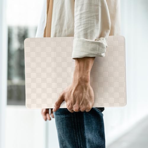 Compatible with MacBook Air 13 Inch 2022 2021-2018 M1 A2337 A2179 A1932, Checkered Textured Cream Leather Hard Shell Case Logo Cutout & Keyboard Cover for Mac Air 13, Beige
