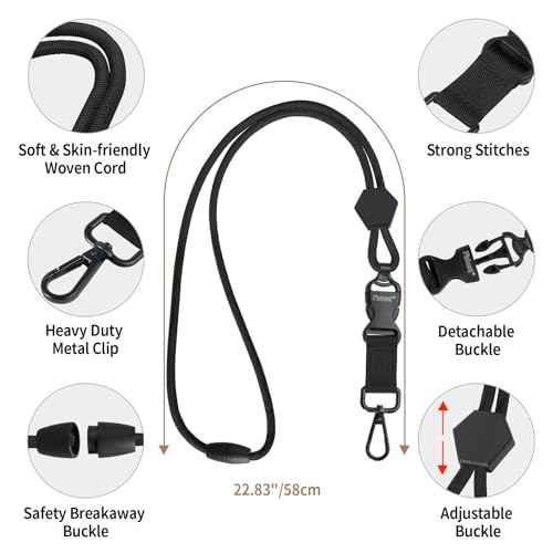 Fishent Breakaway Neck Lanyards for ID Badges, Adjustable Sturdy Round Cord Heavy Duty Key Lanyard with Detachable Buckle for Men Women Car Keys Card Holder (Black)
