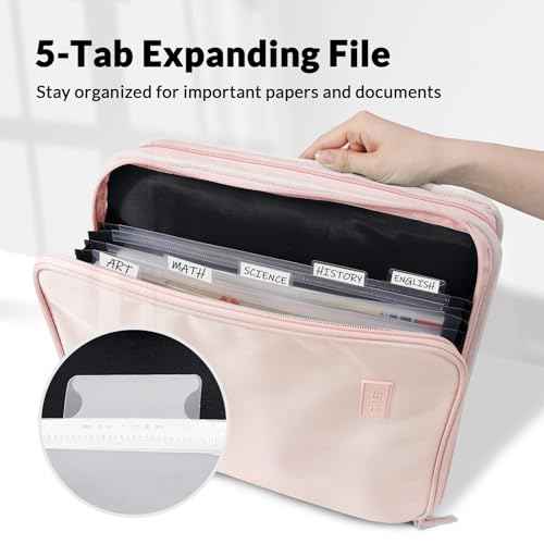 SUNEE Zippered Binder Bag with Handle, 2-Inch 3-Ring O-Ring, 500-Sheet Capacity, Includes Zip Pocket, 5-Tab Expanding File Folder, Multi-Pocket Organizer Binder for Middle School, Pink Lotus