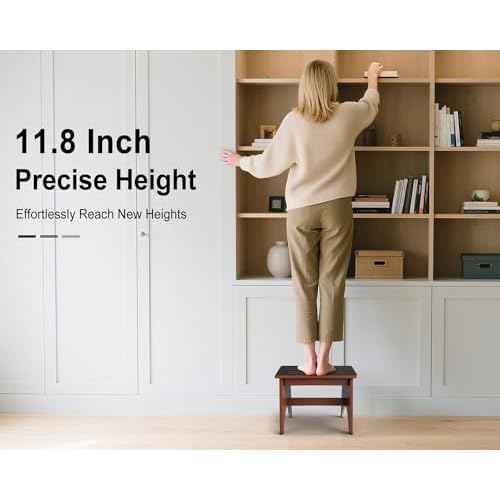 One Step Stool for Adults Seniors with Non-Slip Rubber Step Surface, 11.8" Heavy Duty Wooden Stepping Stools with 450 LBS Capacity for Bedroom Kitchen Bathroom