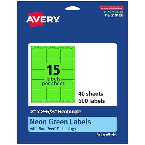 Avery Printable Rectangle Labels, Sure Feed Technology, 2" x 2-5/8", Neon Green Labels, Laser/Inkjet Printable, 600 Total, Great for Mailing
