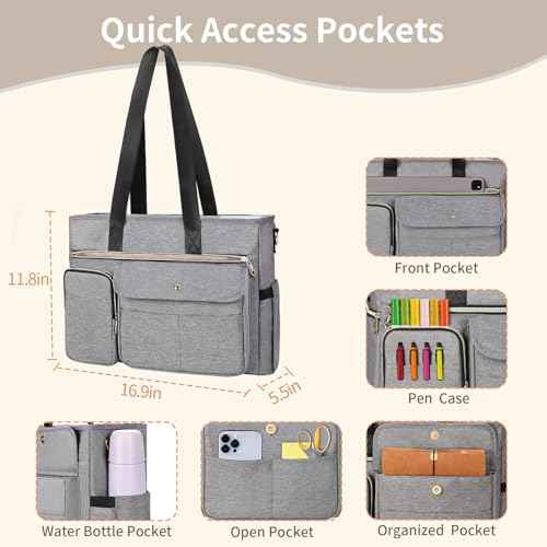 ESTARER Teacher Tote Bag for Women 2Pcs, 15.6'' Laptop Work Bag Computer bag w/Expandable File Folder, Large Water-Resistant Messenger Shoulder bag w/Insulated Pocket for Office/Travel/College, Grey