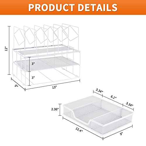 gianotter Desk Organizers and Accessories, Office Supplies Organizer with Sliding Drawer, Double Tray 5 Upright Section ?File Sorter (White)