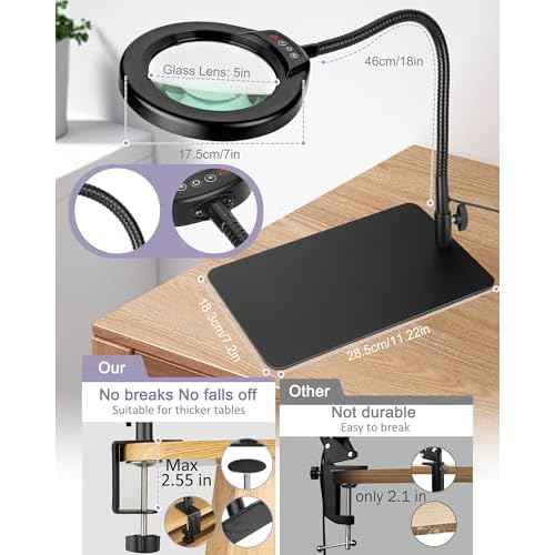 5 Inch Large Magnifying Glass with Light and Stand, 10X Hands-Free Desk Lamp & Clamp, 5 Color Modes Stepless Dimmable Flexible Gooseneck, LED Lighted Magnifier for Repair Crafts Close Work Painting