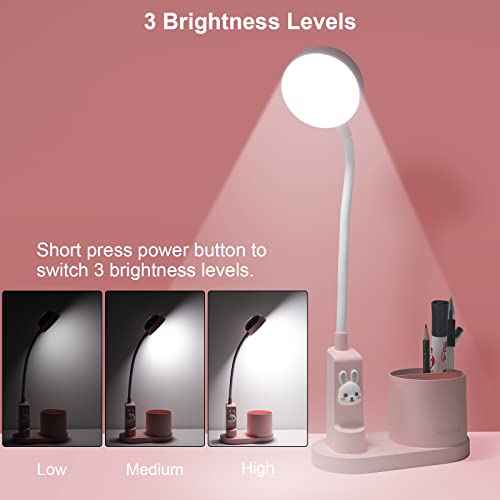 Cute Pink Rabbit Lamp for Kids Reading Study - Star Projector/Pen Holder/3 Brightness/Eye Caring, Rechargeable Led Table Desk Lamp for Home Office Dorm Decor, Ideal Birthday Christmas Gifts