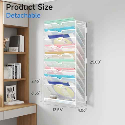 Lavatino 10-Tier Hanging File Organizer, Wall Mount File Holder for Mails Folders Papers Magazine Organization, Vertical Document Organizer for Office Home White