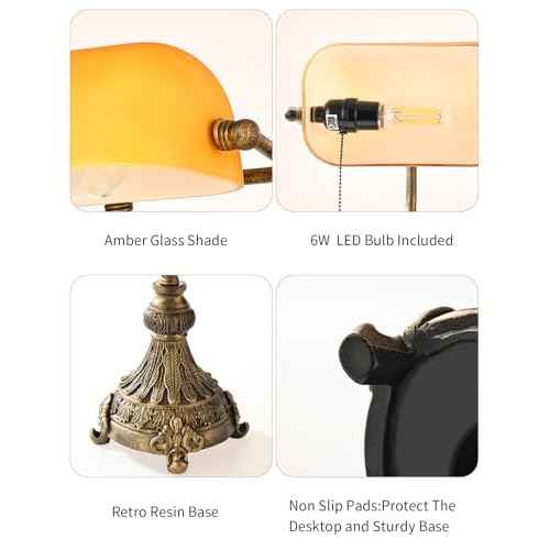 Newrays Vintage Amber Glass Bankers Desk Lamp for Home Office,Library with Pull Chain Switch Plug in Fixture, LED Bulb Included